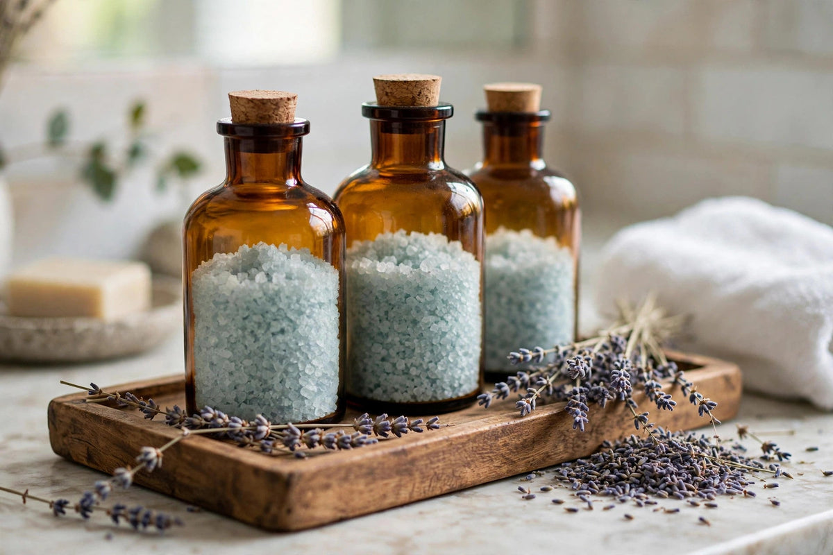 Amber apothecary bottles with bath salts styled on a wooden tray