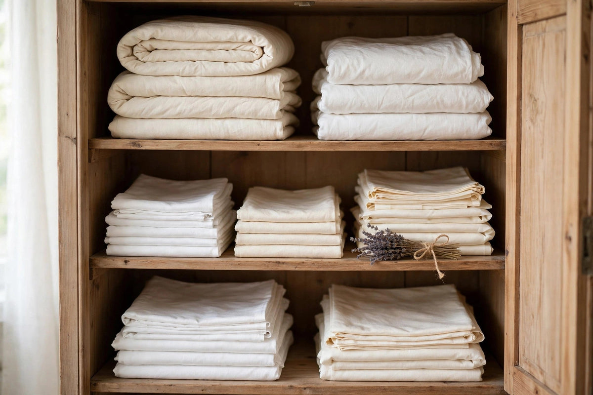 Open linen cupboard with neatly folded white bedding and soft light