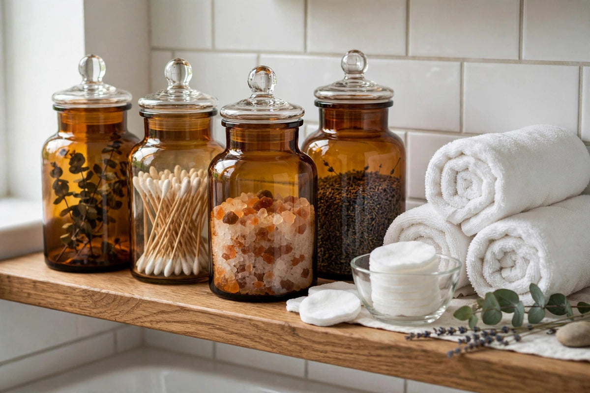 Amber glass storage jars arranged on a bathroom shelf with towels