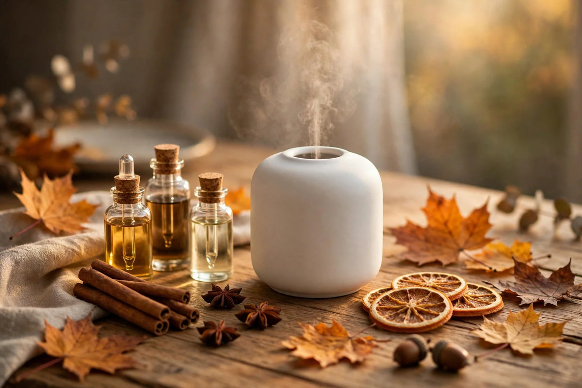 Autumn home fragrance with a diffuser, cinnamon and dried orange