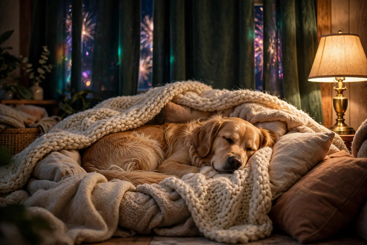 A dog resting calmly in a cosy blanket den on Bonfire Night