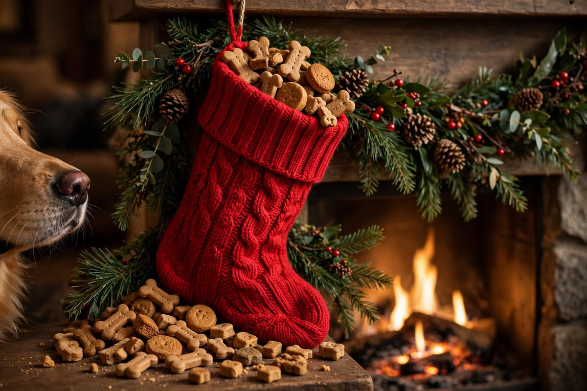 Red Christmas stocking with dog treats spilling out on a fireplace mantel, golden retriever nose peeking in
