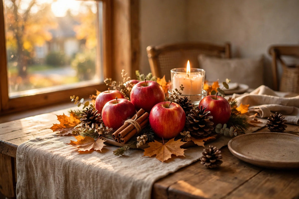 Cozy autumn dining table centerpiece with red apples, cinnamon sticks and a lit candle