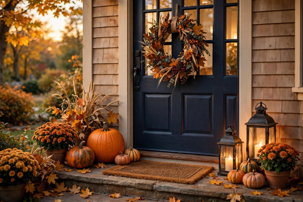 Warm autumn entryway with fall wreath, pumpkins and lanterns in golden light