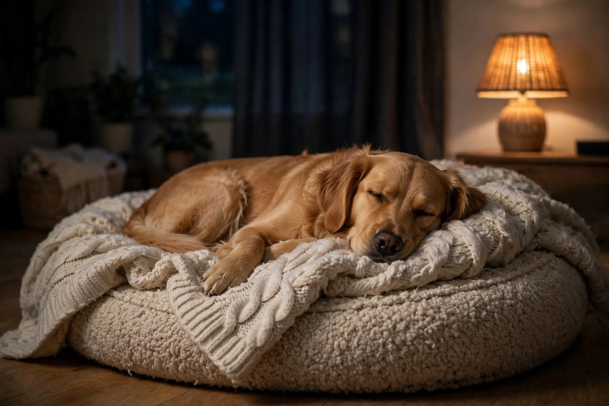 Relaxed dog lying on a cozy dog bed with a blanket in a dim calm living room