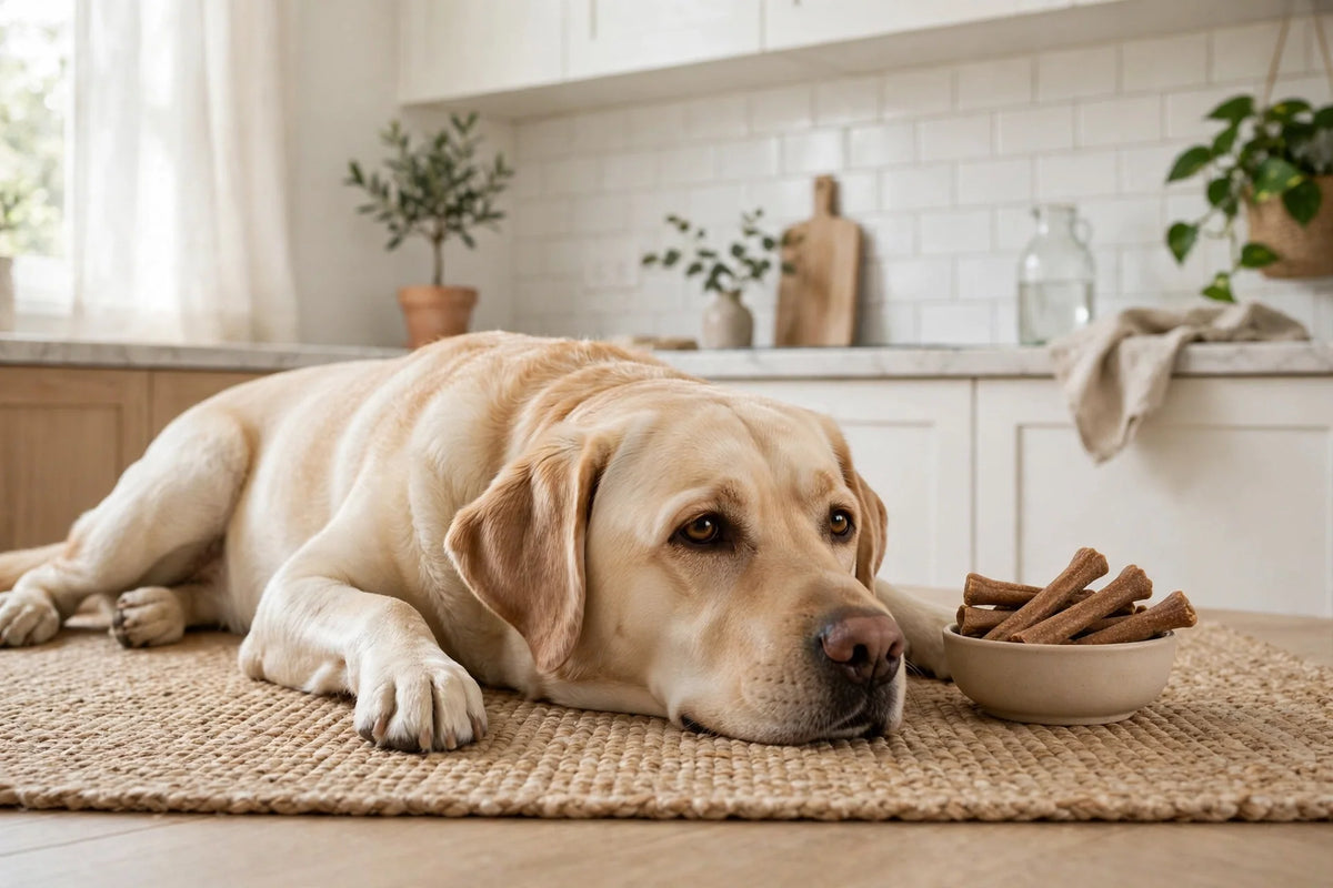Calm labrador lying on a rug next to a bowl of natural dog treat sticks
