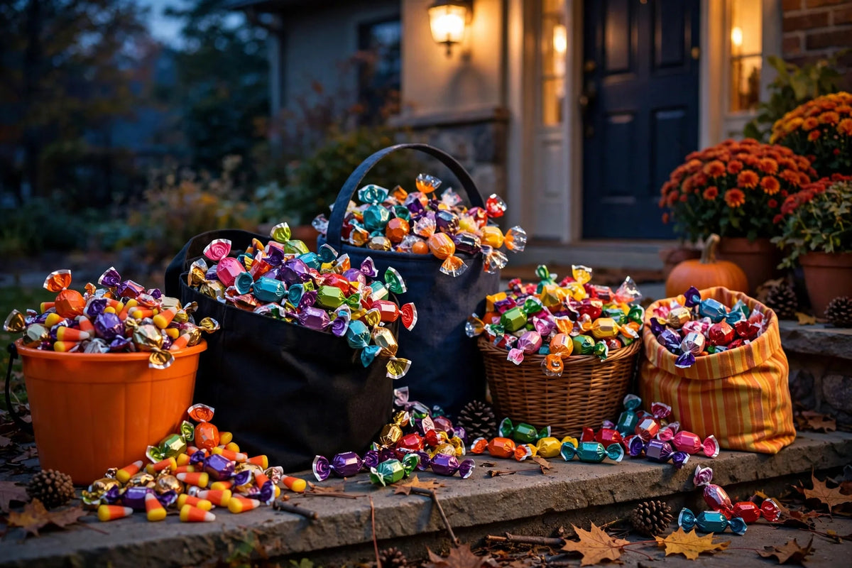 Colorful trick-or-treat candy bags and buckets overflowing with sweets