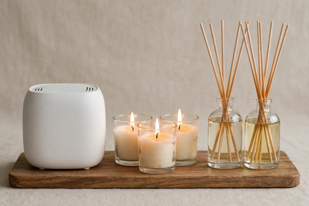Waterless diffuser device, lit scented candles and reed diffusers on a wooden tray