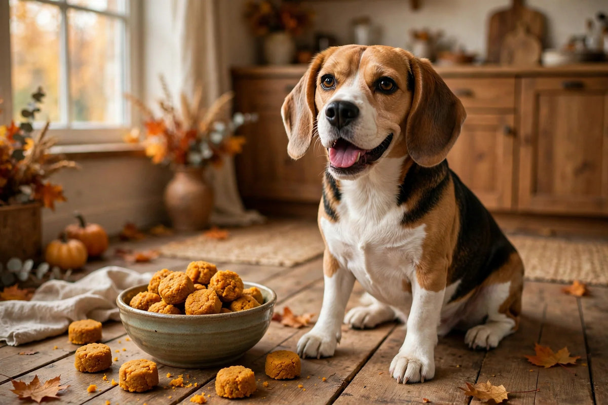 Happy beagle beside a bowl of pumpkin puree dog treats in an autumn kitchen