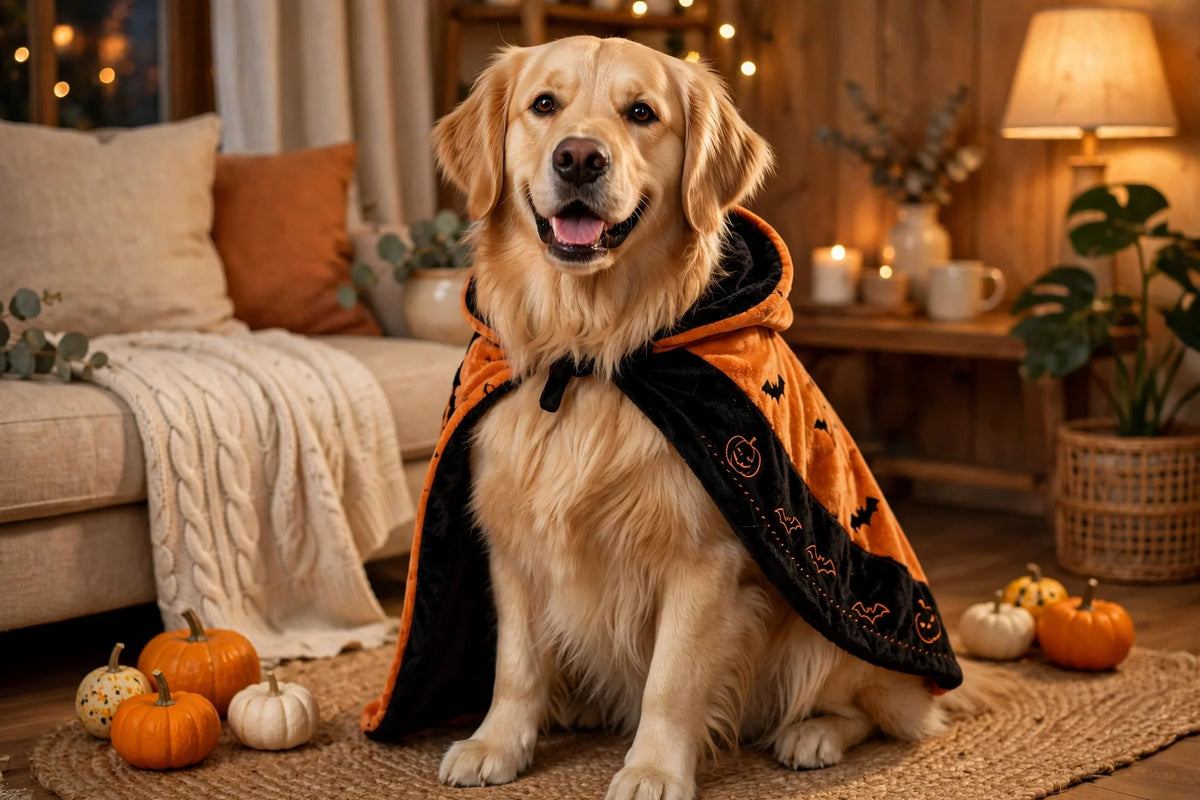 Golden retriever wearing a soft comfortable Halloween cape costume