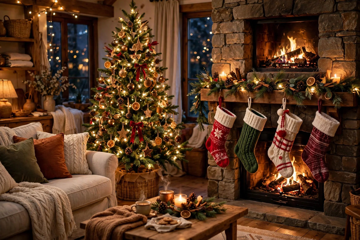Festive December living room with decorated tree, fireplace and warm lights