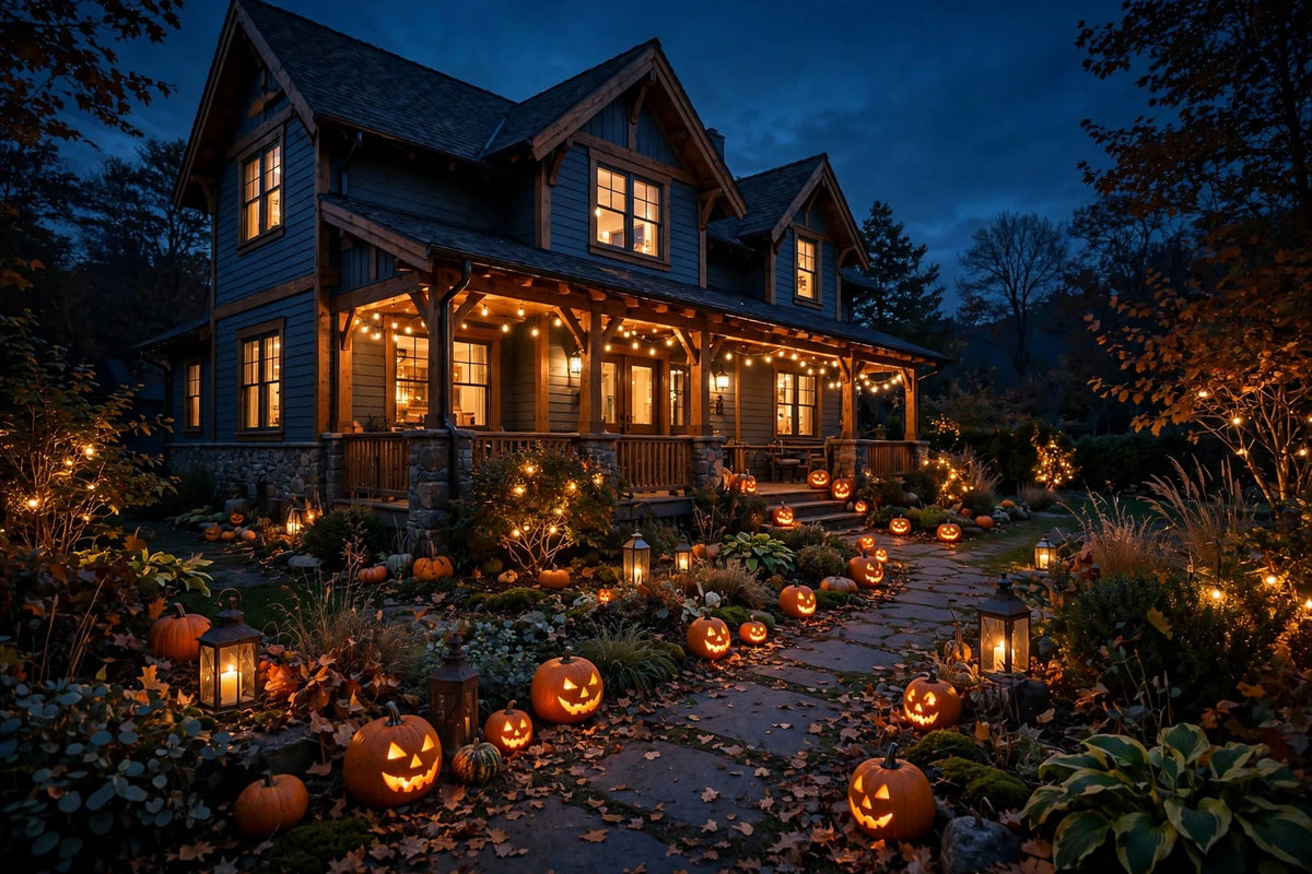 House exterior at night glowing with Halloween string lights and lanterns