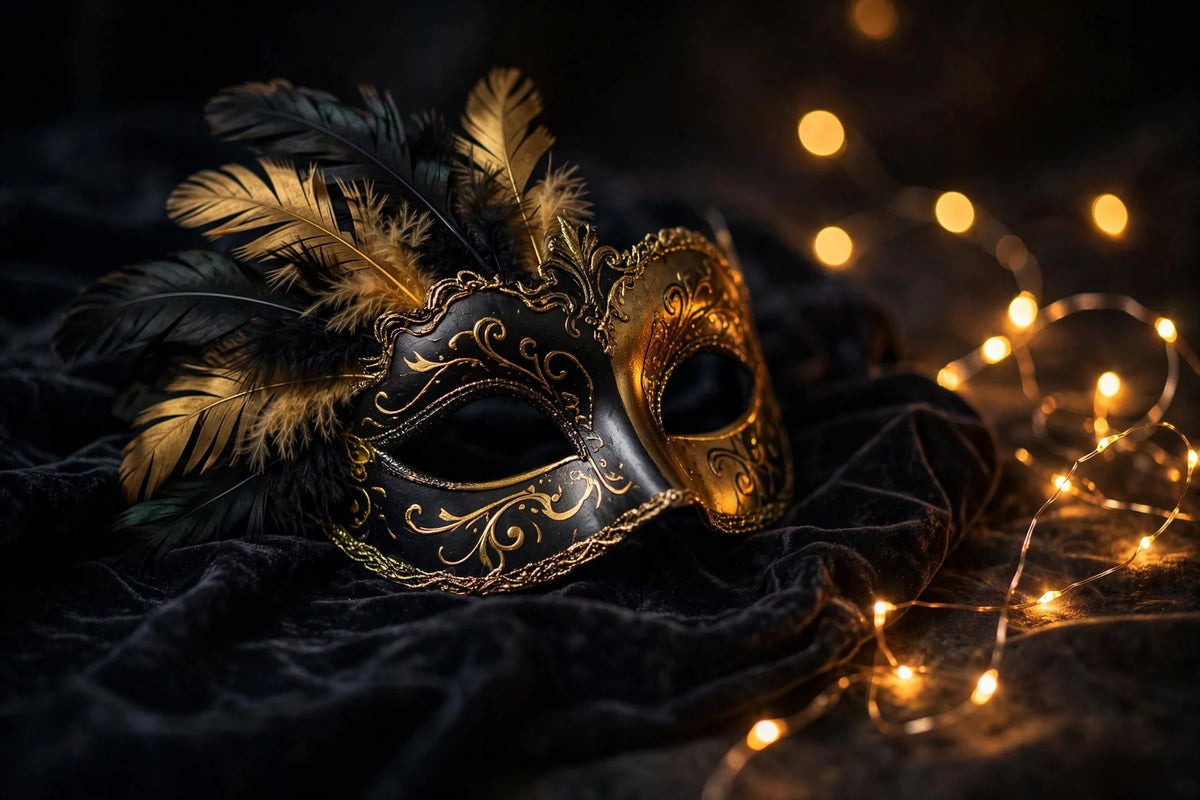 Elegant black and gold masquerade half mask with feathers on velvet
