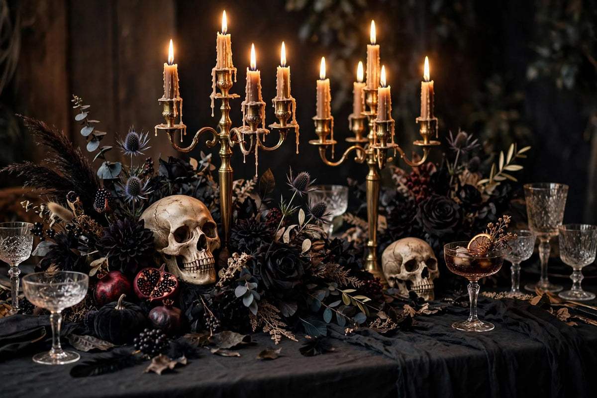 Spooky-elegant Halloween party table with candelabras and dark florals