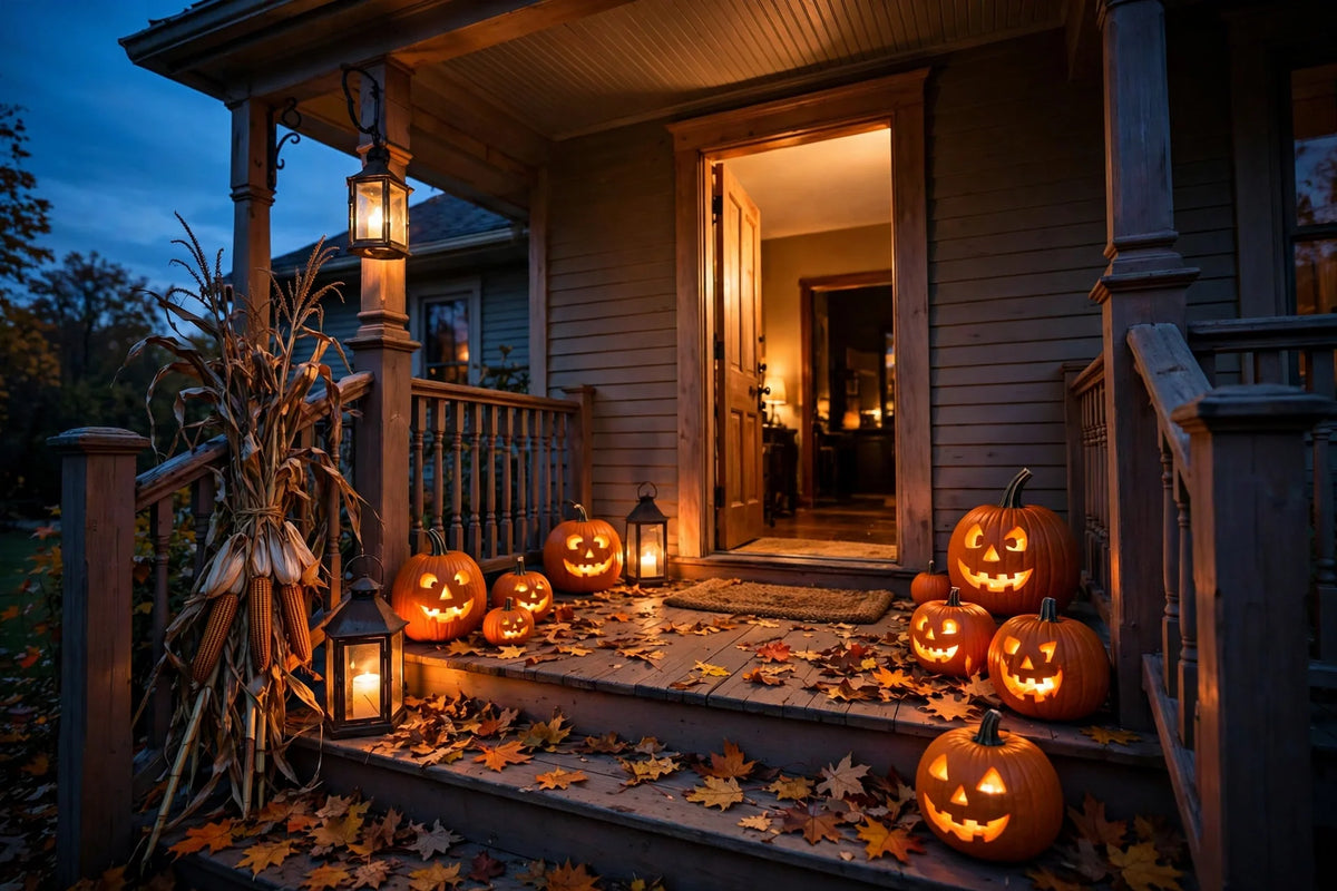 Autumn porch decorated for Halloween with glowing pumpkins and lanterns