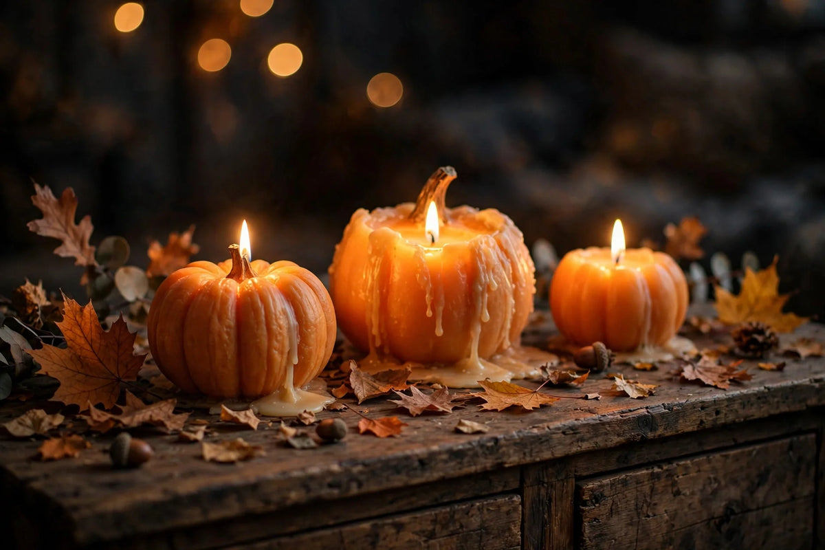 Glowing pumpkin-shaped candles on a wooden sideboard with autumn leaves