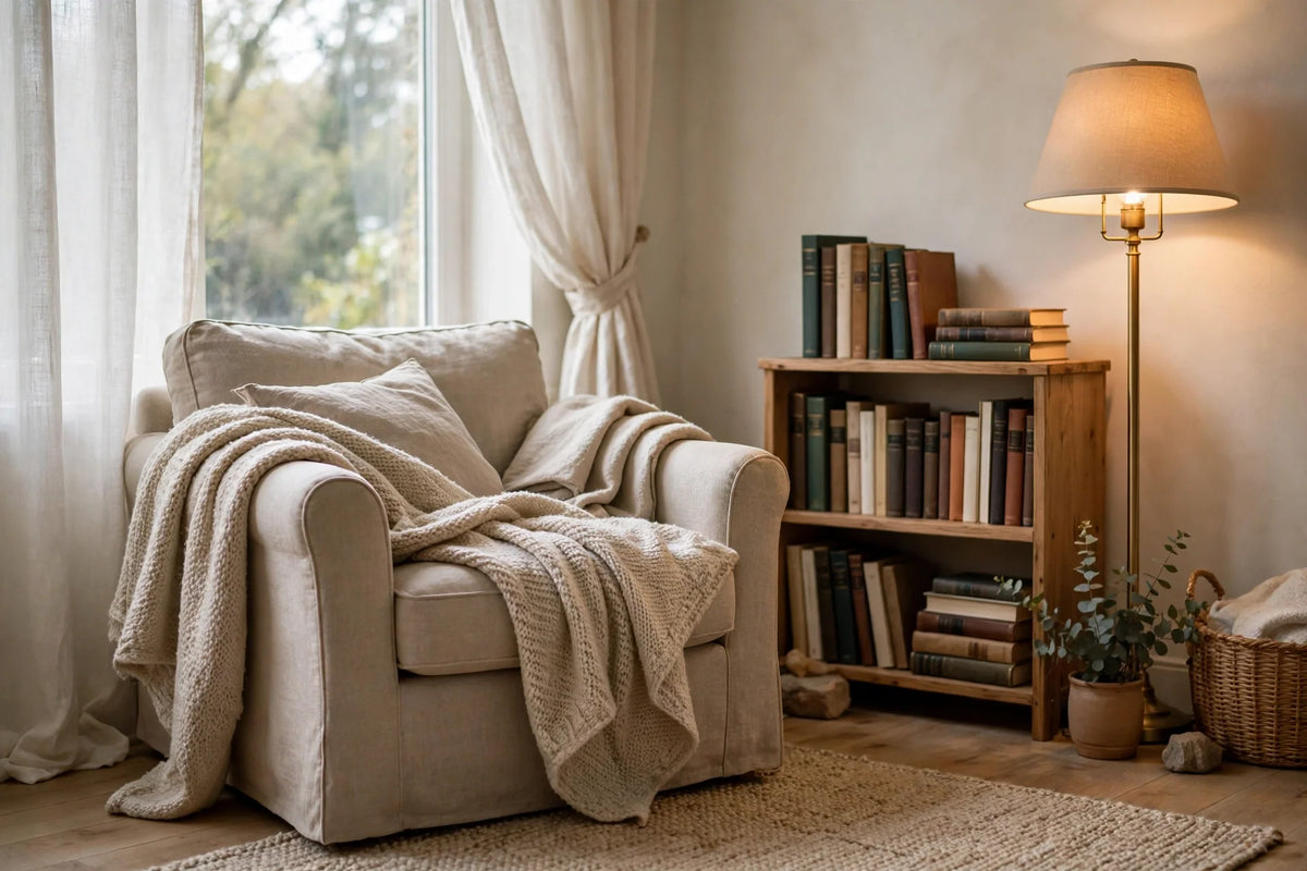 Calm cozy reading nook with armchair, throw blanket and warm floor lamp