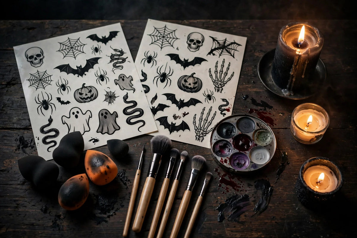Halloween special-effects makeup kit with temporary tattoo sheets, sponges and brushes