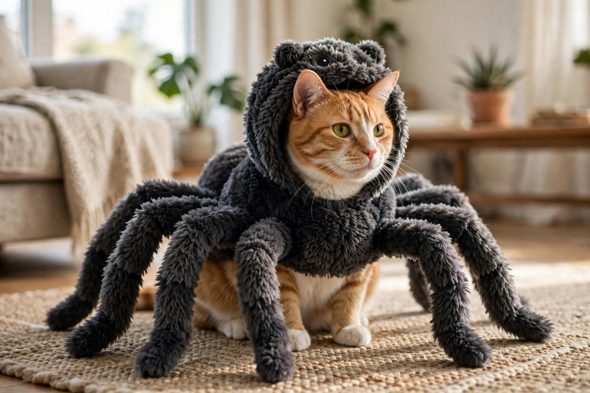 Cat wearing a plush spider costume with fuzzy legs