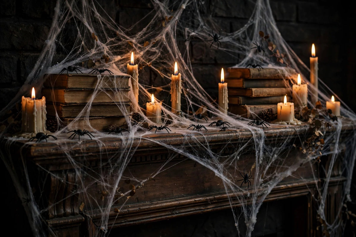 Spooky Halloween mantel decorated with stretched cotton spider webs and candles