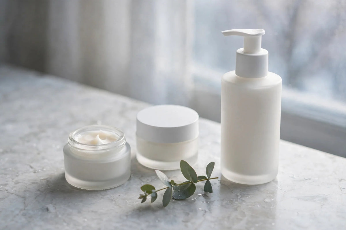 Minimal winter skincare routine with moisturizer jars on a marble bathroom counter