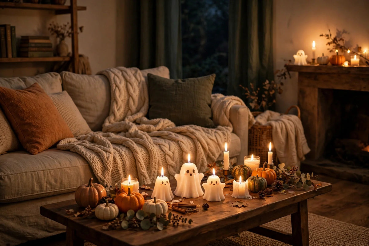 A cosy Halloween night at home with candles and pumpkins