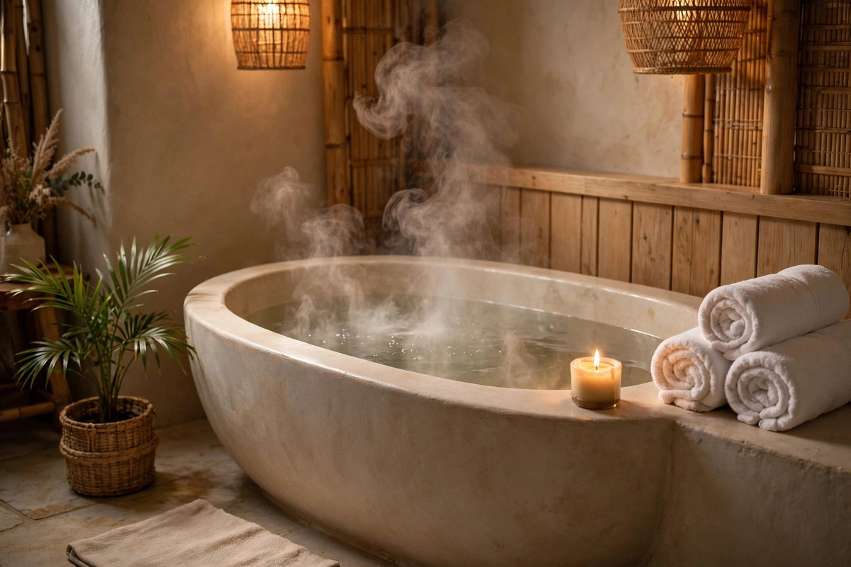 Bathroom styled like a tropical spa with candles and rolled towels
