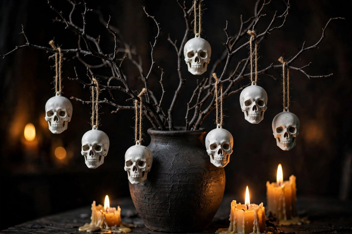 Ceramic skull baubles styled as Halloween decor