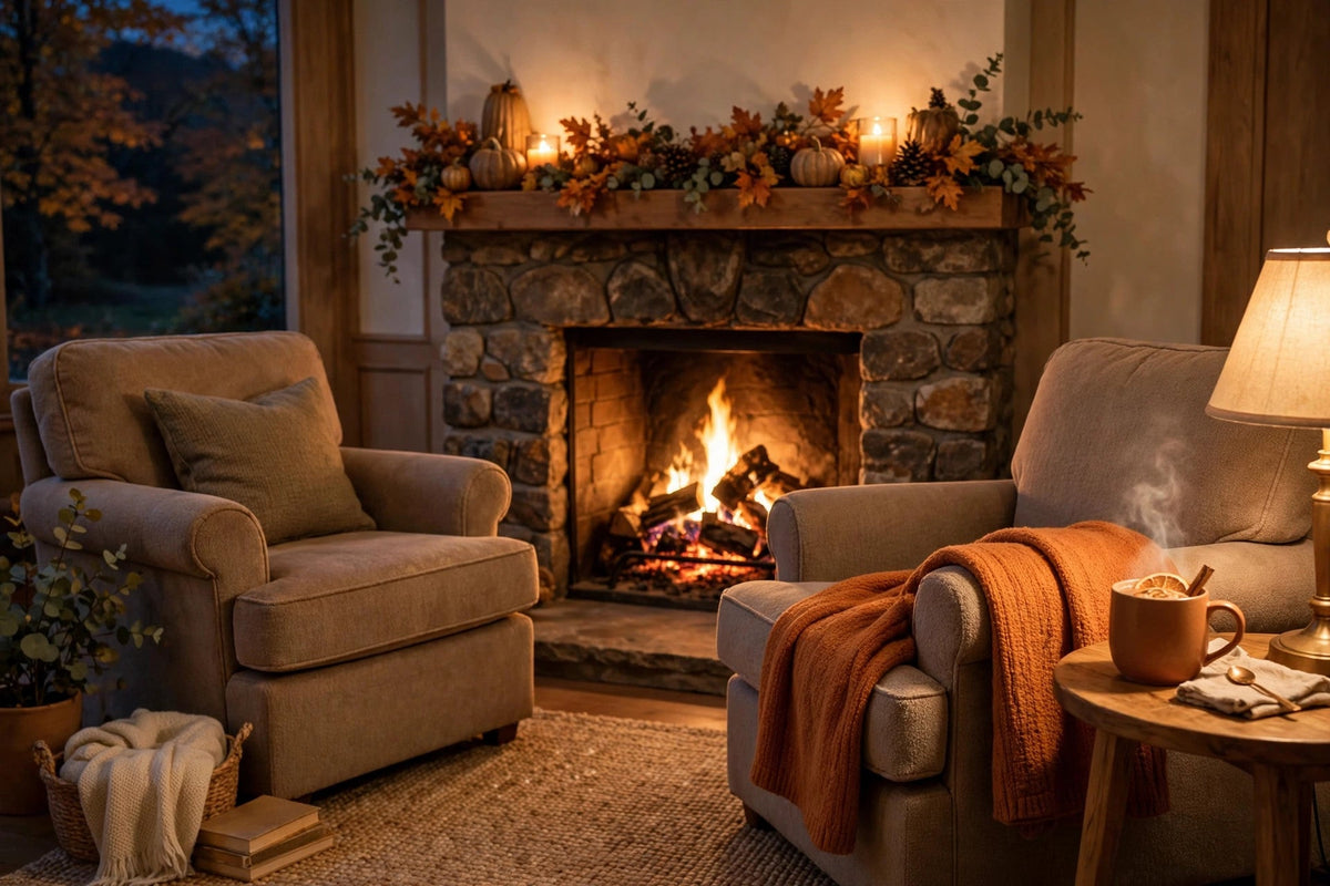 Cosy living room in the evening with a glowing fireplace and armchairs
