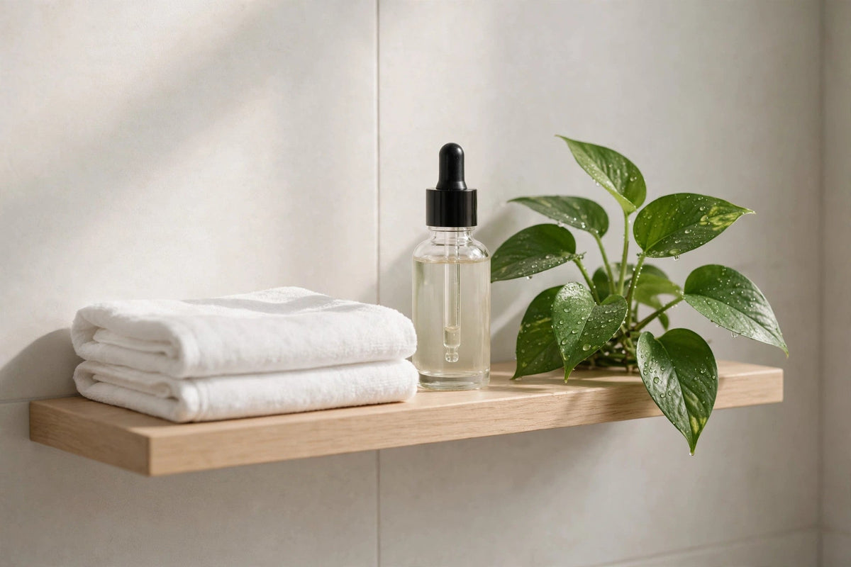 Brightening serum bottle on a minimalist bathroom shelf