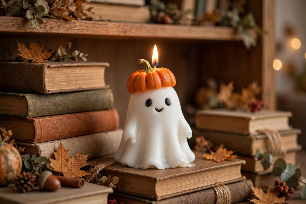 Ghost candle with pumpkin hat on a styled shelf