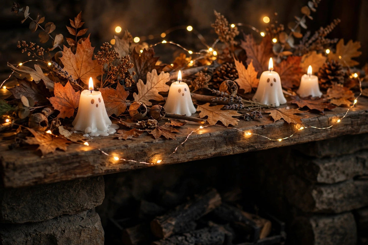 Ghost candles styled on a Halloween mantel