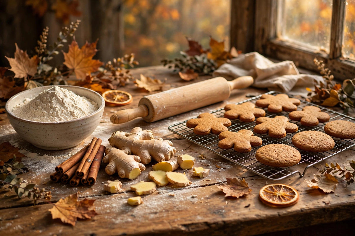 Warm kitchen with baking ingredients and spices on a wooden counter