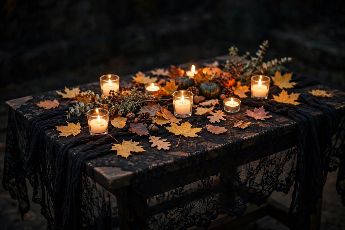 Halloween lace tablecloth styled on a dining table