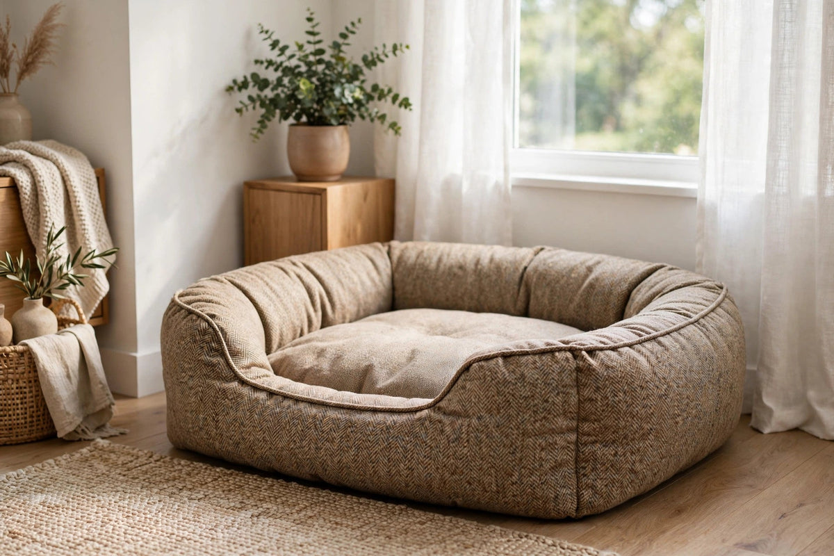 Tweed bolster dog bed in a bright living room corner