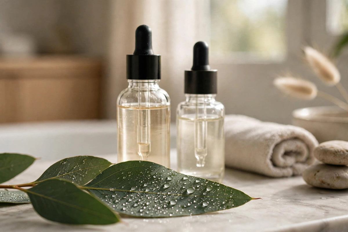 Two hydrating serum bottles on a spa-like bathroom counter
