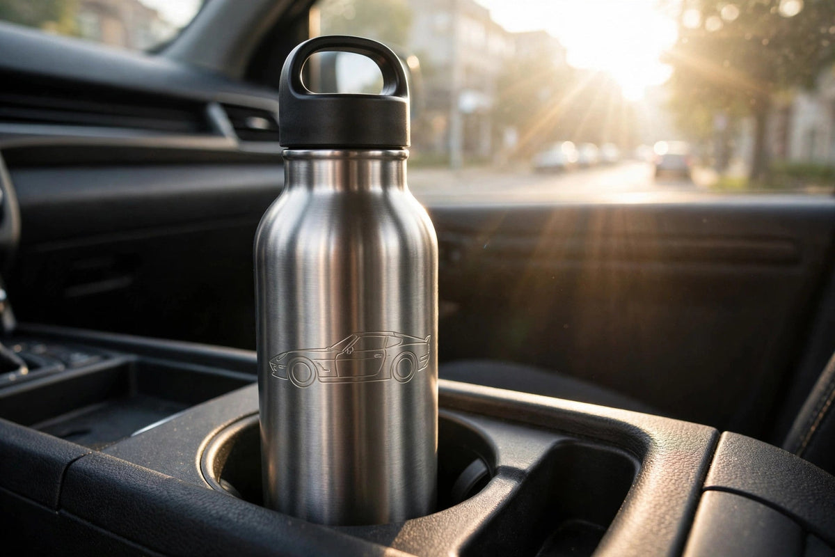 Slim insulated steel water bottle in a car cup holder