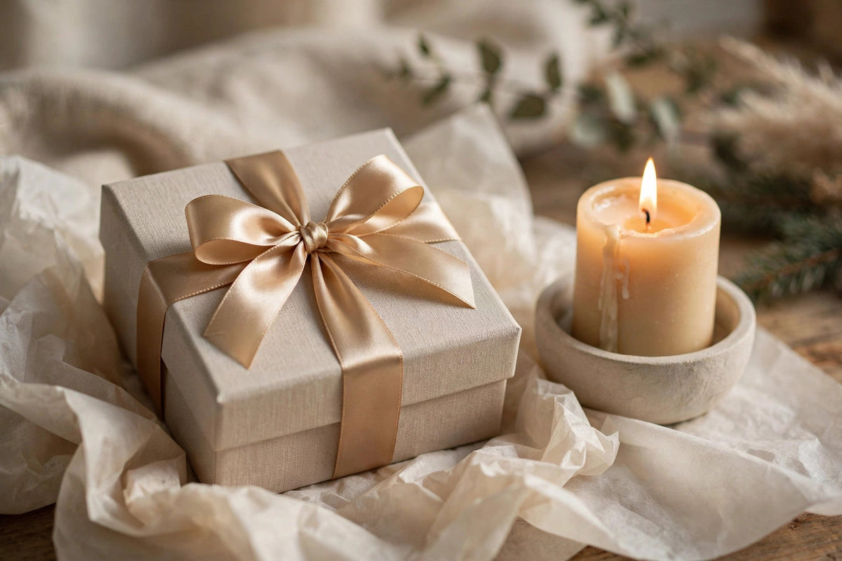 Elegant gift box with satin ribbon beside a lit candle