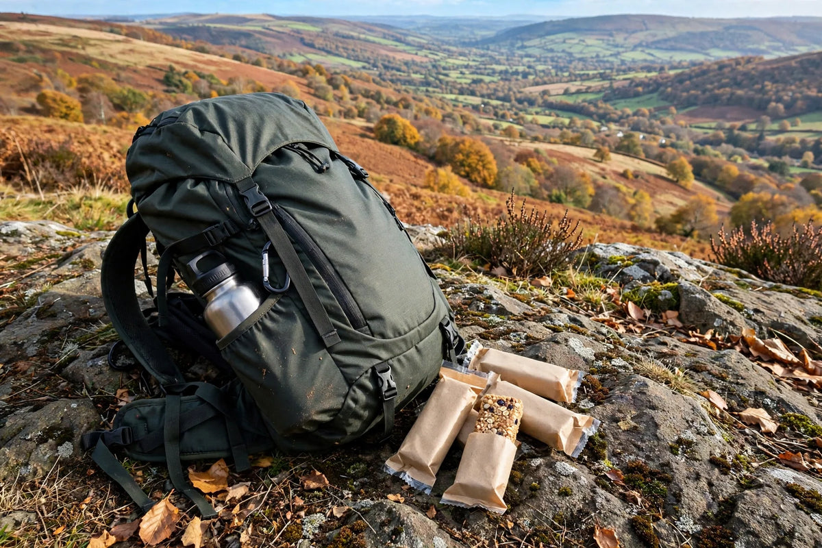 Hiking rucksack with snack bars on a rocky viewpoint overlooking autumn hills