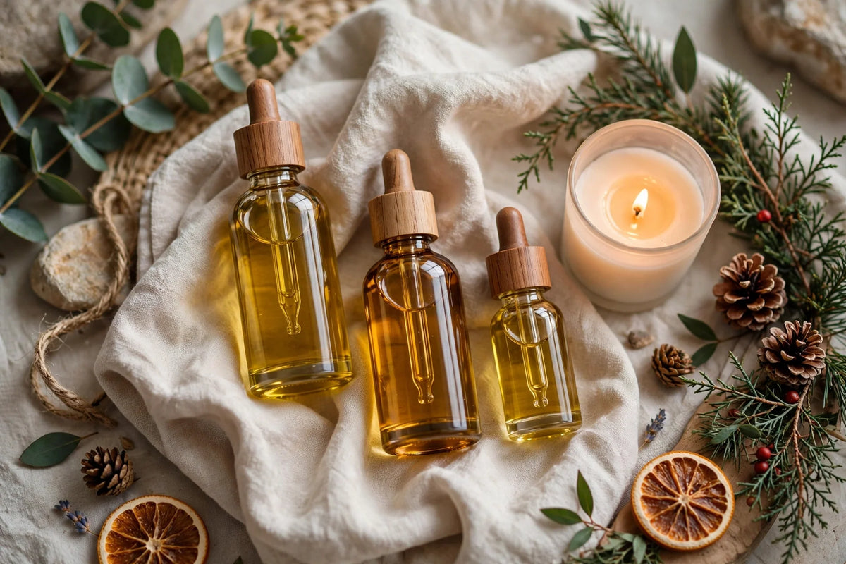 Luxury argan skincare gift set with candle and greenery
