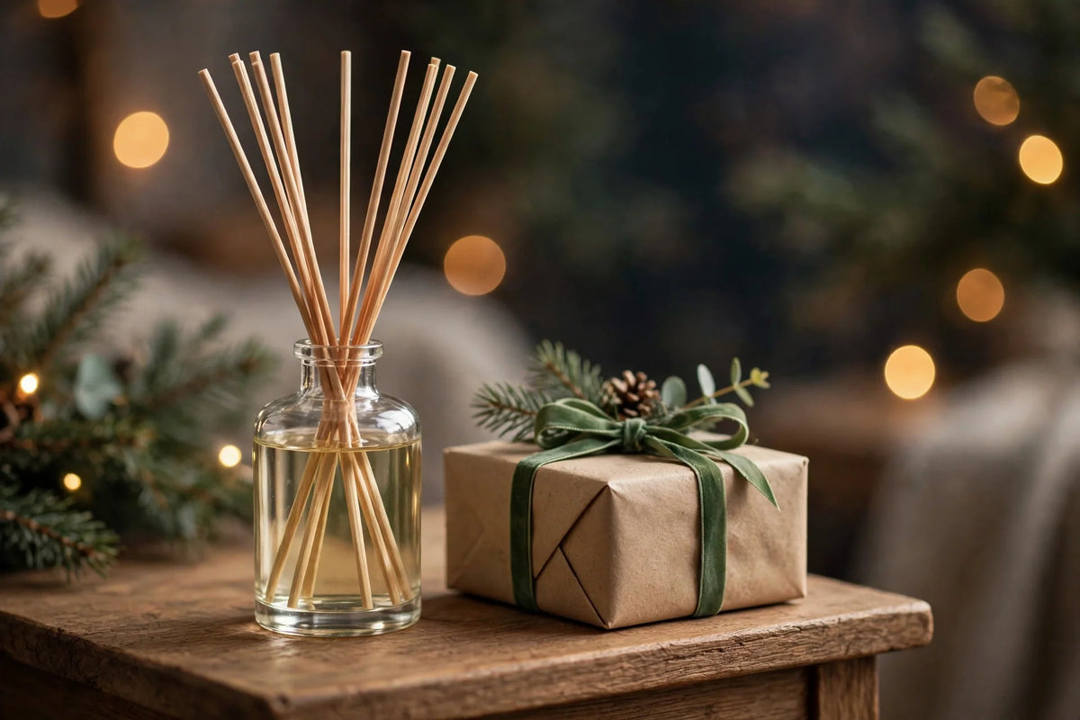 Reed diffuser beside a wrapped Christmas gift