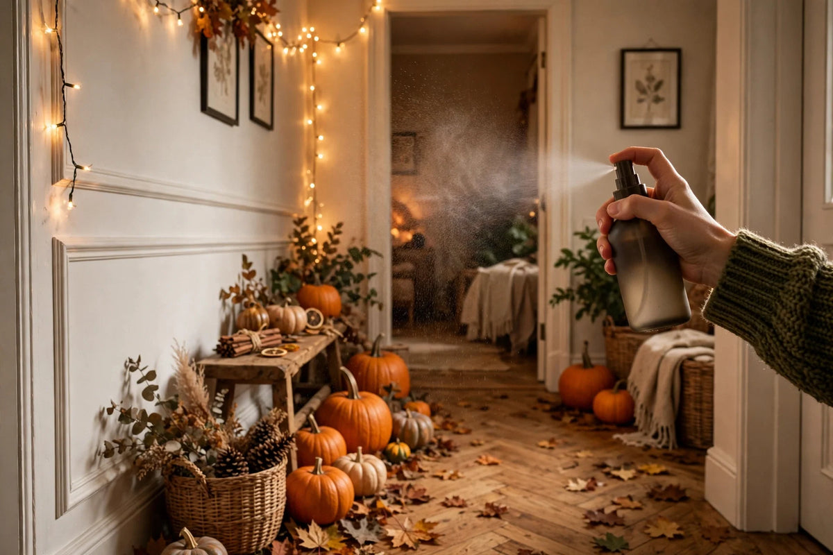 Hallway dressed for Halloween with warm fairy lights
