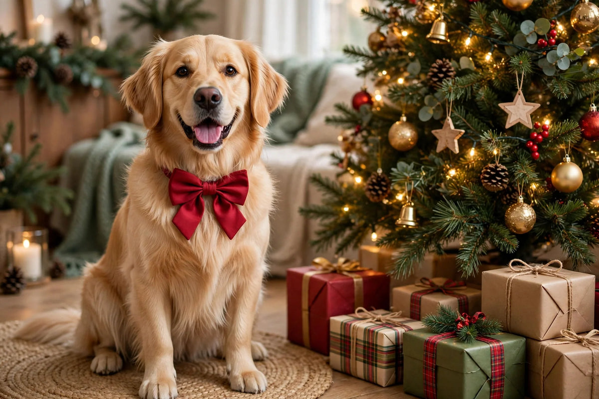 Dog wearing a berry red bow tie at Christmas