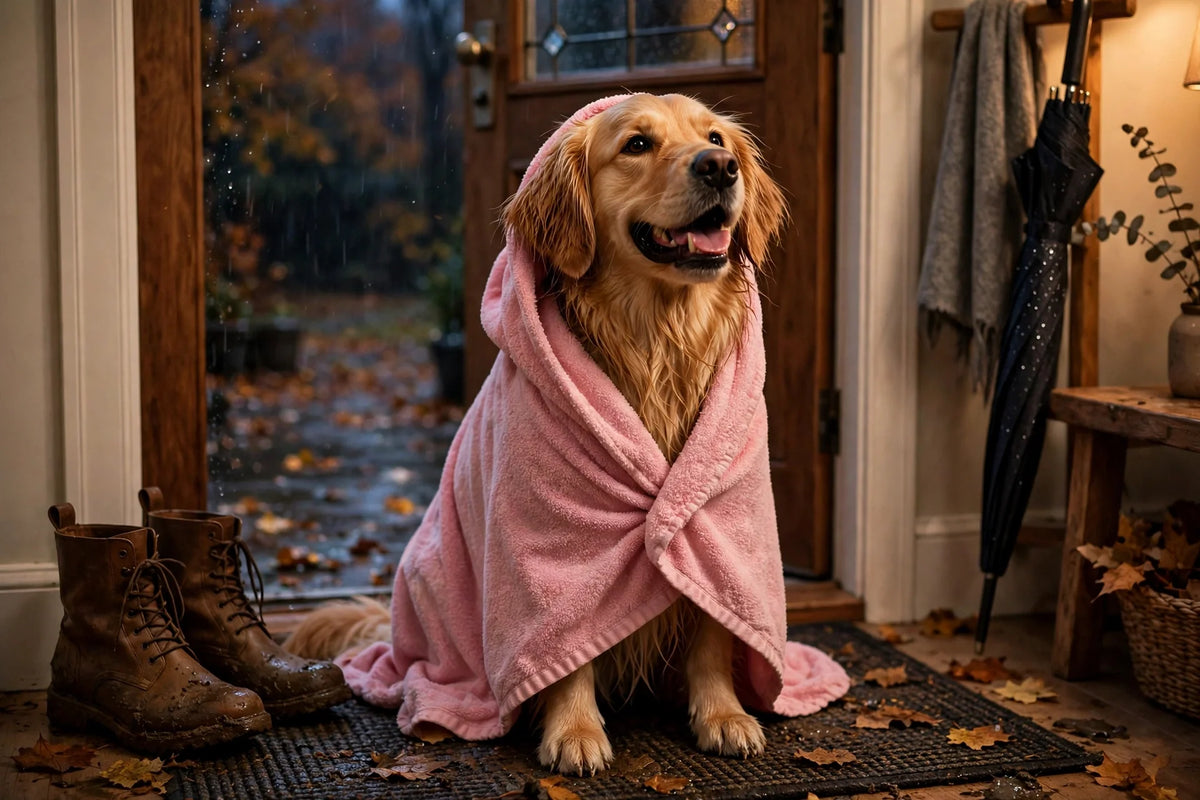 Dog wrapped in a pink drying robe after a wet walk