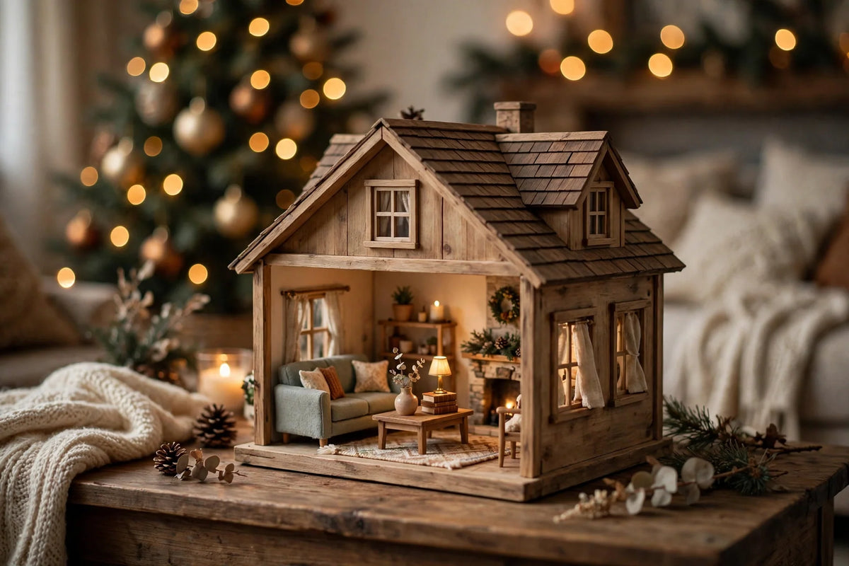 Wooden dollhouse with miniature furniture in a Christmas living room