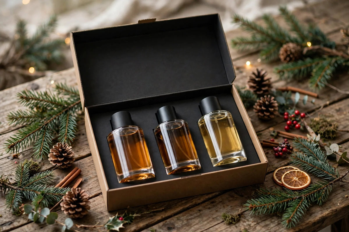 Open men's fragrance gift set with three bottles on a wooden table at Christmas