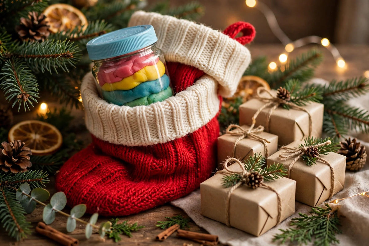 Festive playdough jar in a Christmas stocking