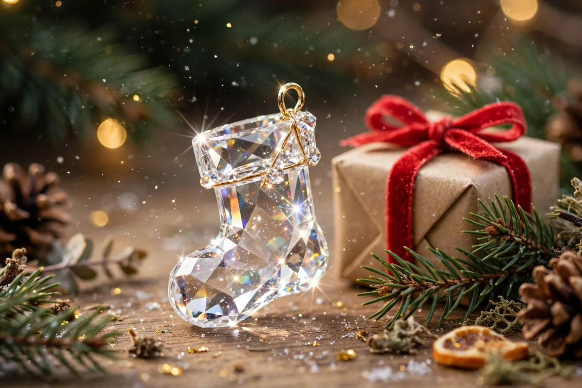 Crystal festive stocking charm beside a wrapped Christmas gift
