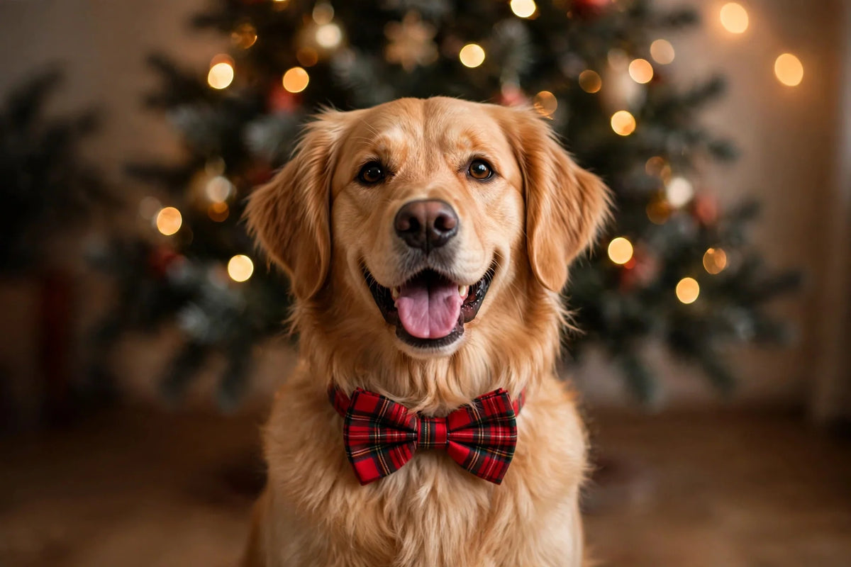 Happy dog wearing a red tartan bow tie in front of a Christmas tree