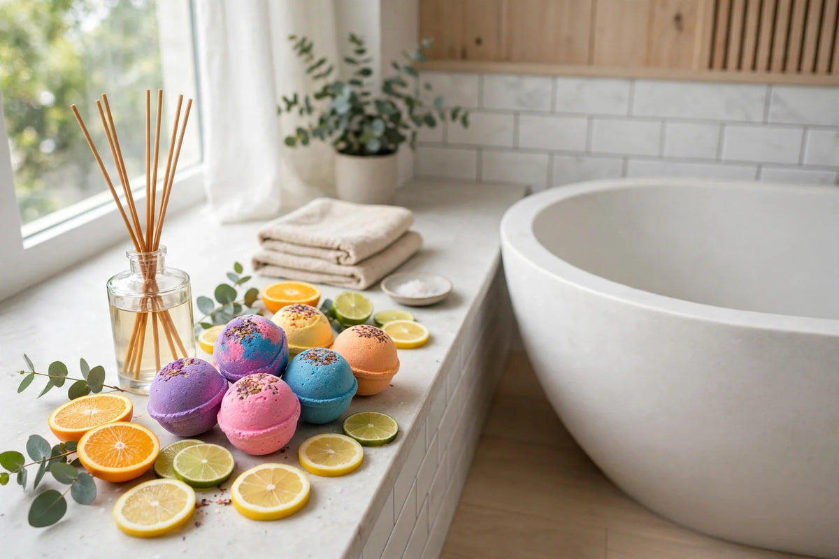 Reed diffuser and bath bombs arranged in a bright bathroom